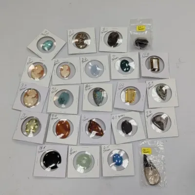Sale Photo Thumbnail #824: Collection of loose gemstones, polished cabochons, and carved cameos individually mounted in cardboard coin holders with handwritten gram weights.
