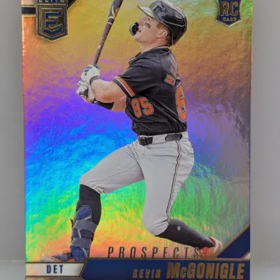 Sale Photo Thumbnail #737: Panini Elite Extra Edition Kevin McGonigle Detroit Prospects rookie trading card featuring a rainbow foil finish.