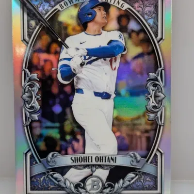 Sale Photo Thumbnail #730: Topps Bowman Sterling Chrome Shohei Ohtani trading card featuring an ornate silver border and holographic sheen.