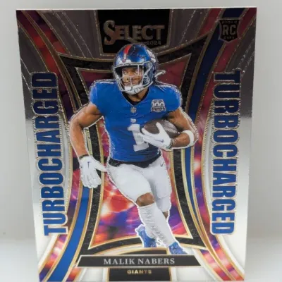 Sale Photo Thumbnail #594: 2024 Panini Select Turbocharged Malik Nabers rookie football card in excellent condition.