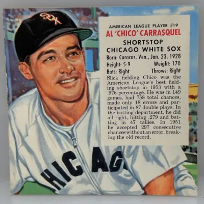 Sale Photo Thumbnail #268: Vintage Al 'Chico' Carrasquel Chicago White Sox baseball card featuring player portrait and biographical stats box.