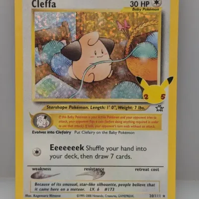 Sale Photo Thumbnail #256: Pokémon Celebrations Classic Collection Cleffa 20/111 holo trading card featuring 25th anniversary stamp.