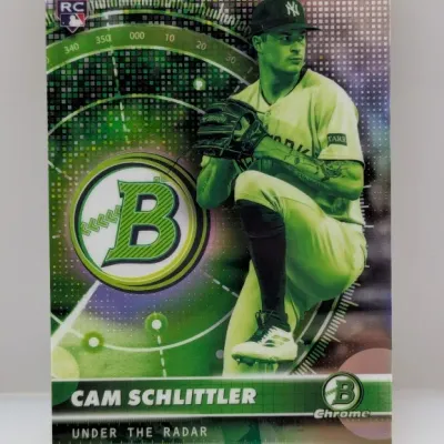 Sale Photo Thumbnail #518: Bowman Chrome 'Under the Radar' Cam Schlittler rookie trading card featuring a green foil refractor finish.