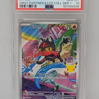Sale Photo Thumbnail #252: PSA-graded Gem Mint 10 Litten Pokémon card #044 from the First Partner Illustration Collection Series 1.