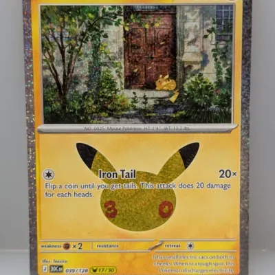 Sale Photo Thumbnail #155: Pokémon TCG Pikachu holo card 039/128 featuring full-card holographic foil finish and 30th-anniversary stamp.