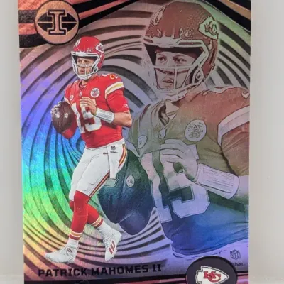 Sale Photo Thumbnail #180: Panini Illusions Patrick Mahomes II Kansas City Chiefs football trading card featuring a holographic refractor finish.