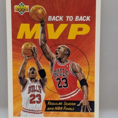 Sale Photo Thumbnail #589: 1992-93 Upper Deck Michael Jordan 'Back to Back MVP' trading card in excellent condition.