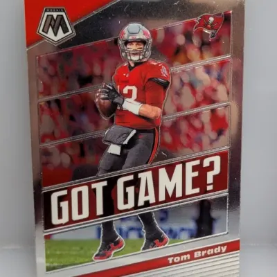 Sale Photo Thumbnail #22: Panini Mosaic "Got Game?" Tom Brady football trading card in a Tampa Bay Buccaneers jersey.