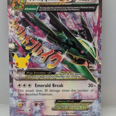 Sale Photo Thumbnail #313: M Rayquaza EX Pokémon trading card from the 25th Anniversary Celebrations collection, featuring full-art holo foil.