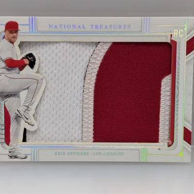 Sale Photo Thumbnail #473: Panini National Treasures Reid Detmers rookie patch baseball card, serial numbered 06/10 featuring a large two-color jersey patch cutout.