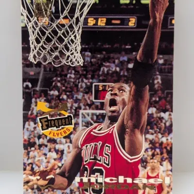 Sale Photo Thumbnail #685: 1993-94 Topps Stadium Club Frequent Flyers Michael Jordan basketball card #181. Features gold foil accents and dynamic action photography of the Chicago Bulls legend.