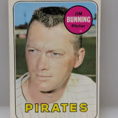 Sale Photo Thumbnail #613: 1968 Topps Jim Bunning #110 baseball card featuring him as a pitcher for the Pittsburgh Pirates.
