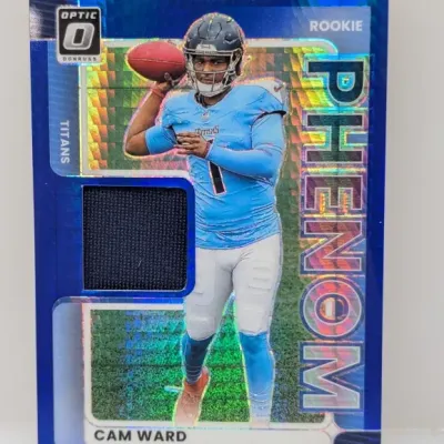 Sale Photo Thumbnail #276: Donruss Optic Rookie Phenom Cam Ward jersey relic trading card featuring a holographic refractor finish.