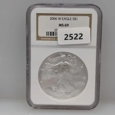 Sale Photo Thumbnail #847: 2006-W American Silver Eagle $1 coin, graded MS 69 by Numismatic Guaranty Corporation (NGC) and housed in a protective slab.