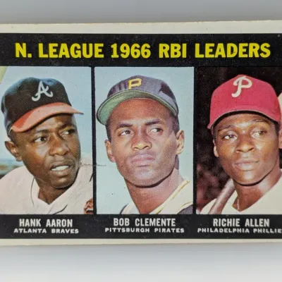 Sale Photo Thumbnail #314: 1967 Topps #236 N. League 1966 RBI Leaders trading card featuring Hank Aaron, Roberto Clemente, and Richie Allen.