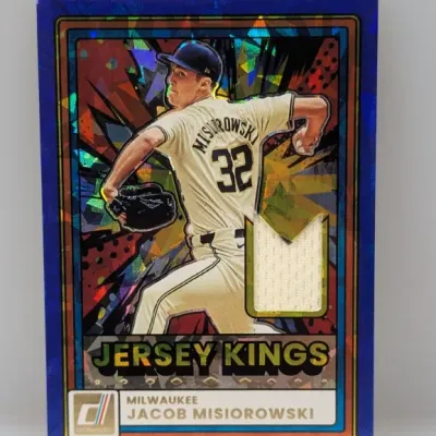 Sale Photo Thumbnail #411: Donruss Jersey Kings Milwaukee Jacob Misiorowski baseball trading card featuring an embedded game-worn jersey swatch.