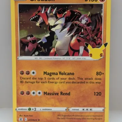 Sale Photo Thumbnail #590: 2021 Pokémon TCG Celebrations 25th Anniversary Groudon card #017/025, in excellent condition.