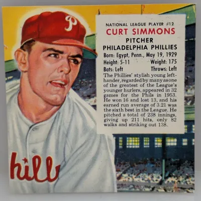 Sale Photo Thumbnail #238: 1954 Topps Curt Simmons #12 baseball card featuring the Philadelphia Phillies pitcher, showing light edge wear.