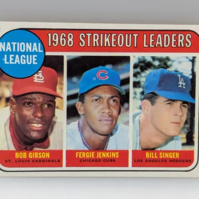 Sale Photo Thumbnail #605: 1969 Topps #6 National League 1968 Strikeout Leaders baseball card, featuring Bob Gibson, Fergie Jenkins, and Bill Singer.