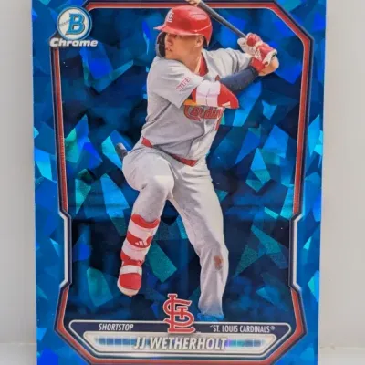 Sale Photo Thumbnail #13: Bowman Chrome JJ Wetherholt St. Louis Cardinals baseball card featuring a blue sapphire refractor design.