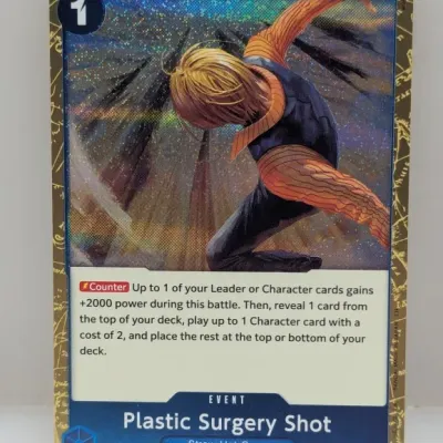 Sale Photo Thumbnail #671: One Piece Card Game Plastic Surgery Shot Event trading card, ST12-017, featuring Sanji with a foil finish.