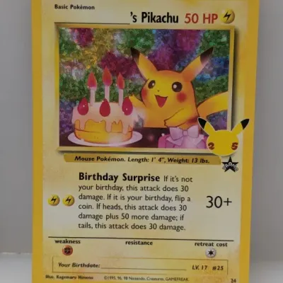 Sale Photo Thumbnail #677: Pokémon Trading Card Game Celebrations 25th Anniversary holofoil 's Pikachu Promo card (#24). Features artwork by Kagemaru Himeno with a holographic birthday cake background.