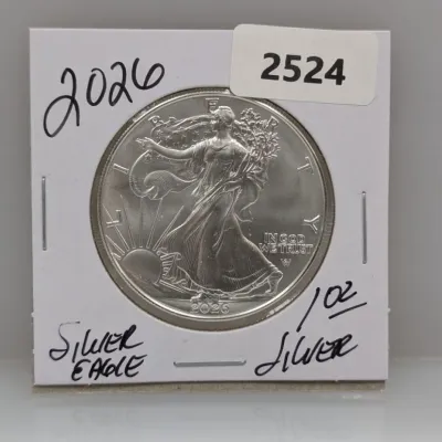 Sale Photo Thumbnail #849: American Silver Eagle 1 oz fine silver coin mounted in a cardboard cardboard 2x2 flip holder.