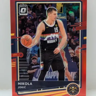 Sale Photo Thumbnail #566: Donruss Optic Nikola Jokić Denver Nuggets basketball trading card featuring a red border parallel.