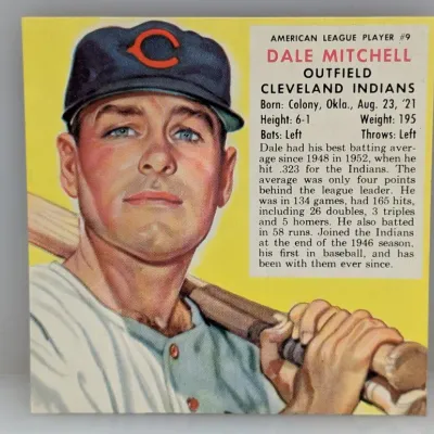 Sale Photo Thumbnail #178: Vintage 1953 Bowman Color Dale Mitchell #9 baseball card featuring the Cleveland Indians outfielder.