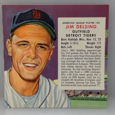 Sale Photo Thumbnail #283: Vintage 1954 Topps baseball card #24 featuring Jim Delsing of the Detroit Tigers, showing light edge wear.