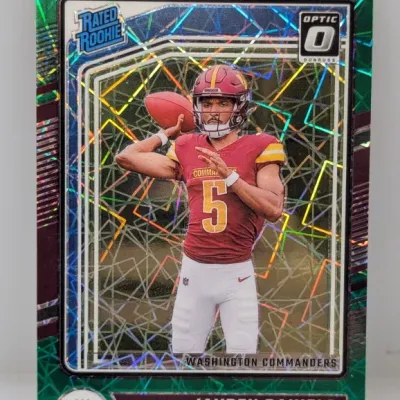 Sale Photo Thumbnail #191: Panini Donruss Optic Rated Rookie Jayden Daniels trading card featuring a green laser parallel design, in excellent condition.