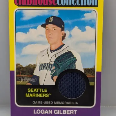 Sale Photo Thumbnail #498: Topps Heritage Clubhouse Collection Logan Gilbert Seattle Mariners game-used memorabilia baseball card.