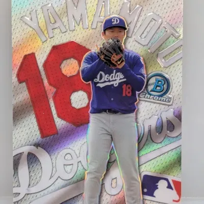 Sale Photo Thumbnail #25: 2024 Bowman Chrome Yoshinobu Yamamoto refractors insert baseball trading card featuring him in a Los Angeles Dodgers uniform.