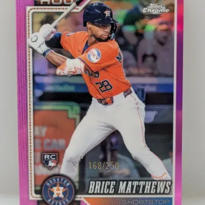 Sale Photo Thumbnail #281: Topps Chrome Brice Matthews Houston Astros rookie trading card with a magenta refractor border, serial-numbered 168/250.