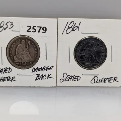 Sale Photo Thumbnail #904: Two US Seated Liberty silver quarters in cardboard flips, dated 1853 with arrows and 1861.