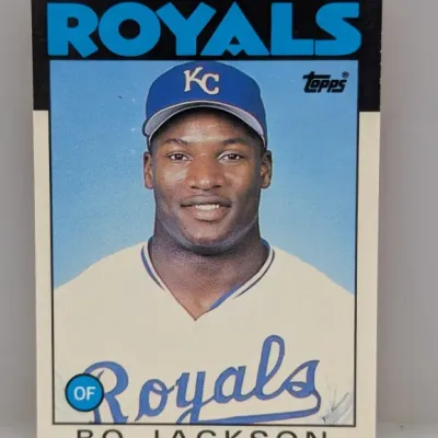 Sale Photo Thumbnail #749: 1986 Topps Traded Bo Jackson rookie baseball card (#50T) featuring him in a Kansas City Royals uniform.