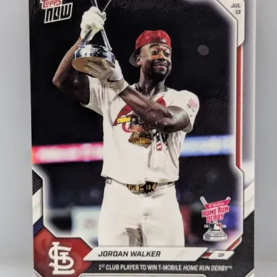 Sale Photo Thumbnail #646: 2024 Topps Now baseball trading card featuring Jordan Walker holding the T-Mobile Home Run Derby trophy in clean condition.