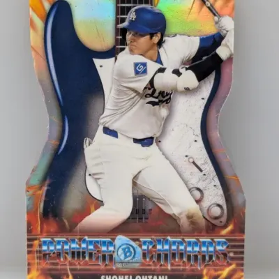 Sale Photo Thumbnail #439: Bowman Chrome 'Power Chords' die-cut insert baseball card featuring Shohei Ohtani in a Los Angeles Dodgers uniform.
