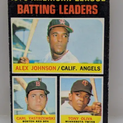 Sale Photo Thumbnail #457: 1971 Topps #61 1970 American League Batting Leaders baseball card featuring Alex Johnson, Carl Yastrzemski, and Tony Oliva. The card exhibits light edge and corner wear typical of raw vintage cards.
