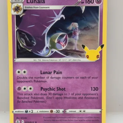 Sale Photo Thumbnail #572: Lunala 015/025 Pokémon card from the 2021 25th Anniversary Celebrations set.