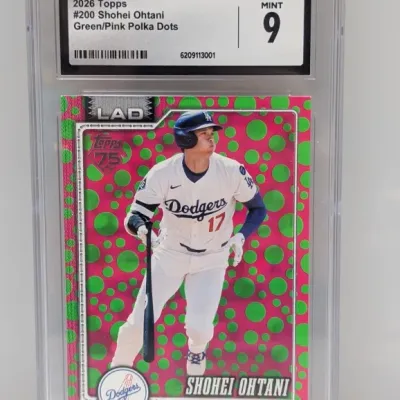 Sale Photo Thumbnail #109: CGC-graded 9 Mint 2026 Topps #200 Shohei Ohtani Green/Pink Polka Dots trading card encased in a protective slab.
