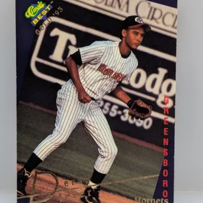 Sale Photo Thumbnail #757: 1993 Classic Best Gold Derek Jeter minor league baseball trading card featuring him with the Greensboro Hornets.