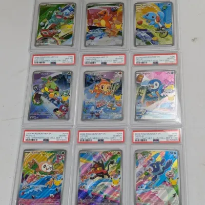 Sale Photo Thumbnail #12: Collection of nine PSA Gem Mint 10 graded 2026 Pokémon First Partner Illustration Collection cards displayed in a grid.