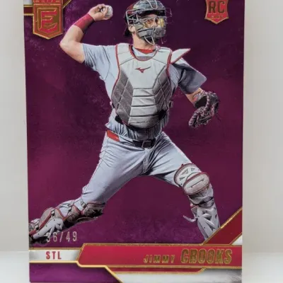 Sale Photo Thumbnail #528: Panini Elite Extra Edition Jimmy Crooks St. Louis Cardinals rookie baseball card, serial numbered 36/49 in purple foil.