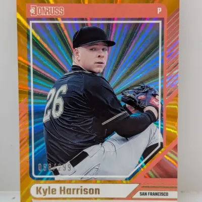 Sale Photo Thumbnail #548: Panini Donruss Kyle Harrison San Francisco holographic baseball trading card, serial numbered 068/299, in excellent condition.