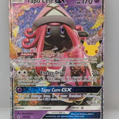 Sale Photo Thumbnail #299: Pokémon Tapu Lele GX ultra rare trading card from the 25th Anniversary Celebrations collection, featuring a textured holographic finish.