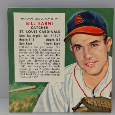 Sale Photo Thumbnail #311: Vintage 1955 Topps Bill Sarni #9 St. Louis Cardinals baseball card featuring player bio and portrait.