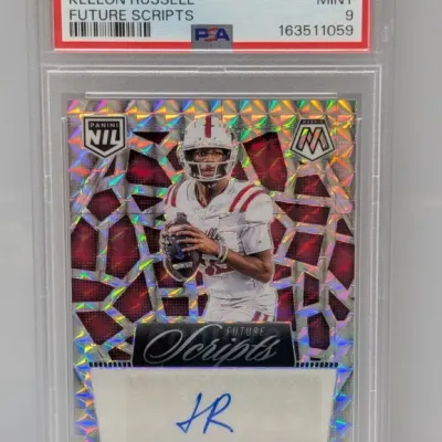 Sale Photo Thumbnail #97: PSA 9 Mint graded 2025 Panini Mosaic NIL Keelon Russell Future Scripts autographed trading card.