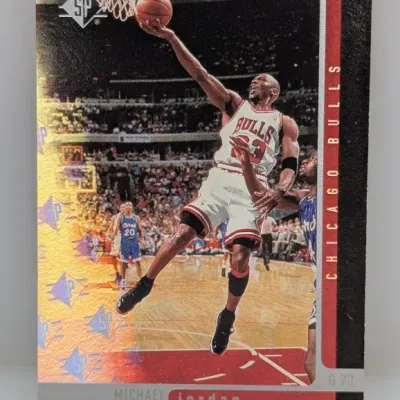 Sale Photo Thumbnail #104: Upper Deck SP Michael Jordan Chicago Bulls basketball trading card featuring holographic SP foil accenting.
