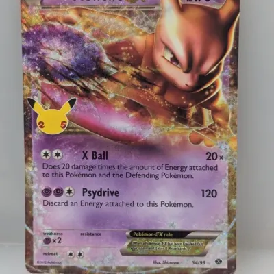 Sale Photo Thumbnail #340: Mewtwo EX full-art Pokémon trading card from the 25th Anniversary Celebrations Classic Collection, featuring a holographic foil finish.